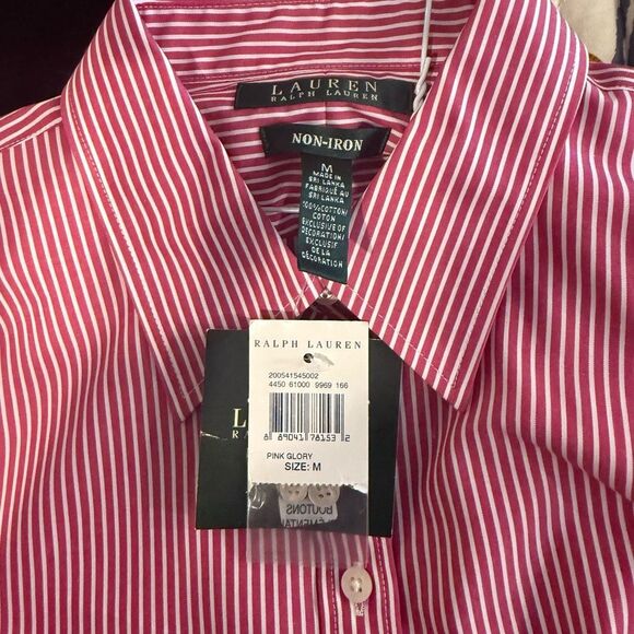 Ralph Lauren pink no iron striped button down blouse size medium, new with tags! - Picture 4 of 4